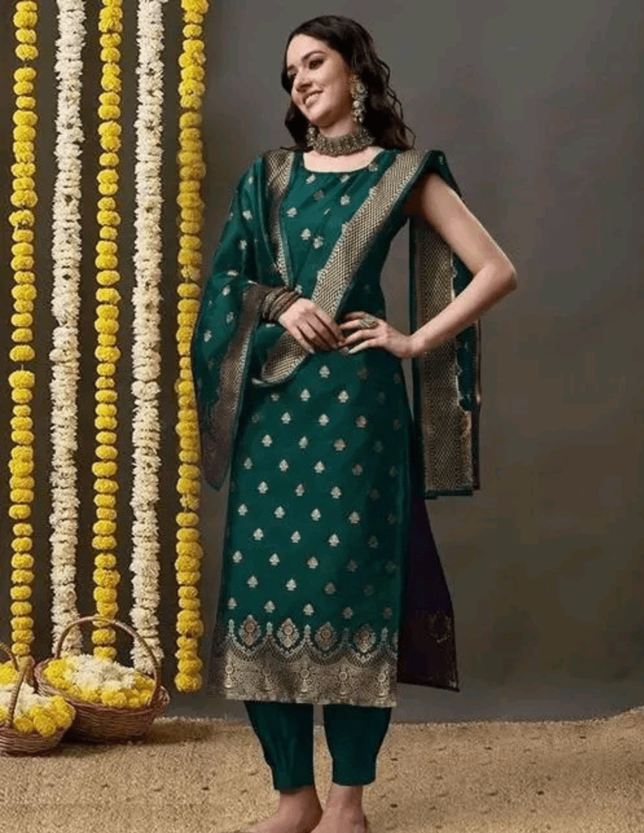 Women Silk Blend Banarasi Woven Work Kurta Salwar And Dupatta Set
