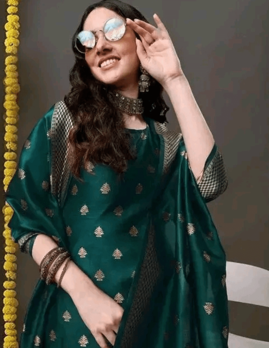Women Silk Blend Banarasi Woven Work Kurta Salwar And Dupatta Set