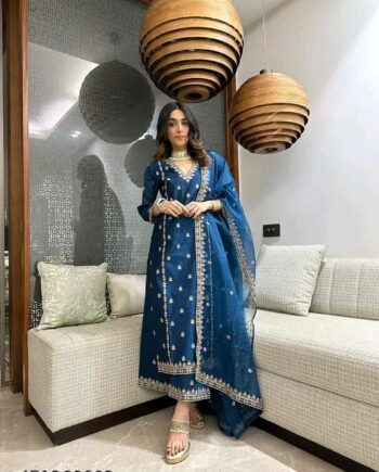 Women's Latest Blue Designer Silk Blend Kurta Pant Set with Dupatta set Kurta Set